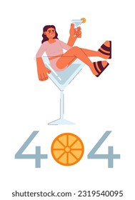 Cocktail party error 404 flash message. Nightlife. Arab woman with margarita glass. Empty state ui design. Page not found popup cartoon image. Vector flat illustration concept on white background