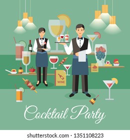Cocktail Party Event Flat Vector Banner. Sommelier and Waitress Serving Drinks for Degustation. Alcohol Beverages. Banquet, Cocktail Party Calligraphy. Restaurant Hall Poster, Flyer Layout