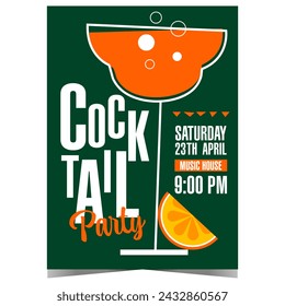 Cocktail party and event reception invitation template. Vector poster, banner, leaflet or flyer with glass of alcoholic drink with bubbles. Illustration in flat style suitable for networking evening.