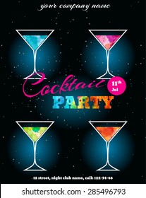 Cocktail Party flayer or poster with alcohol drinks in glasses on dark background vector illustration.