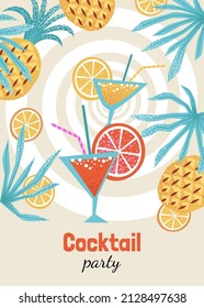 Cocktail party flyer with two glasses of drink on tropical fruits and leaves background