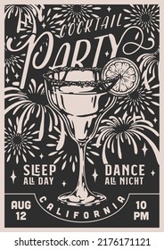 Cocktail Party Flyer Vintage Monochrome Glass Of Mojito With Lime Slice Before Night Fireworks For Summer Dance Festival Vector Illustration