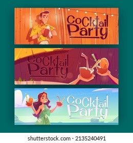 Cocktail party flyers with woman holding coconuts with straws on sea beach and bartender in wooden bar. Vector posters with cartoon illustration of girl with exotic cocktails and drinks in coco