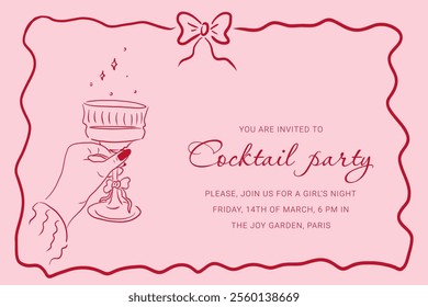 Cocktail party girly card invitation in elegant trendy hand drown retro 90s style. Abstract feminine poster with text for woman celebration. Vector line art illustration.