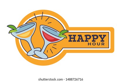 Cocktail Party Happy Hour, Martini Or Daiquiri Drinks Isolated Icon Vector. Alcohol Beverage In Glasses, Drinking And Celebration, Pub, Restaurant Or Cafe. Discount On Bar Menu Emblem Or Logo