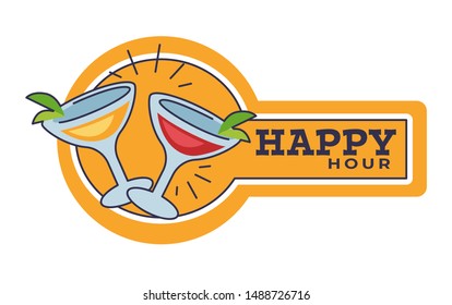 Cocktail party happy hour, martini or daiquiri drinks isolated icon vector. Alcohol beverage in glasses, drinking and celebration, pub, restaurant or cafe. Discount on bar menu emblem or logo