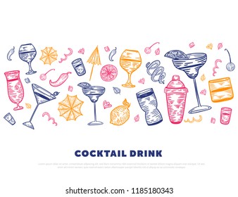Cocktail party horizontal banner. Vector design with glasses, shakers, lemon. Colorful alcohol Doodle Engraving hand drawn illustration on white background.