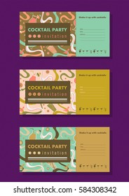 Cocktail party horizontal invitation card templates set with cocktails, citrus, waves. Colorful and gold colors. Place for your text. 