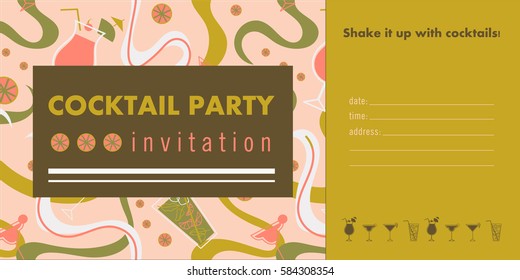 Cocktail party horizontal invitation card template with cocktails, citrus, waves. Pink, green and gold colors. Place for your text.