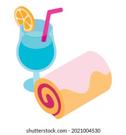 Cocktail Party Icon Isometric Vector. Summer Alcoholic Drink And Fruit Cake Roll. Summer Vacation