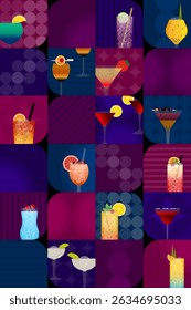 Cocktail party illustration design. Cocktail background. Cocktail drinks elements. Luxury graphic alcohol for bar poster, interior, celebration, collection, glass, menu, icon set, isolated, pattern. 