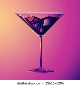 Cocktail party illustration. With drink glass and night sky. Futuristic neon style.