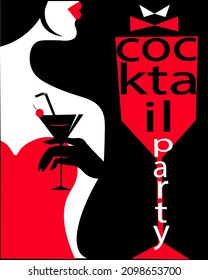 Cocktail party illustration with girl and text vector illustration flat style the text is inscribed in the silhouette of the glass illustration in red white black colors
