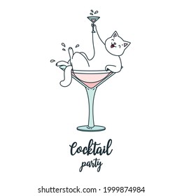 Cocktail Party. Illustration of a happy white cat sitting in cocktail with a glass in its paw. Can be used as invitation card or flyer.