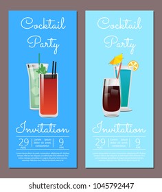 Cocktail party invitation banner beverages in glasses vector date and time information with bloody mary, whiskey or vodka cola, blue lagoon and mojito