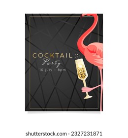 Cocktail Party invitation card. Flyer or poster design with champagne glass and a flamingo on black background. Vector illustration