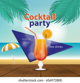 Cocktail party invitation card. Paradise tropical beach by the sea views