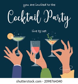 Cocktail party invitation card template. Editable disco poster with dark blue background and hands holding glasses with cocktails. Vector illustration.