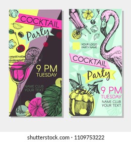 Cocktail Party invitation with cocktails and flamingo. Flyer or poster design with cocktail glass on purple and blue background. Vector illustration