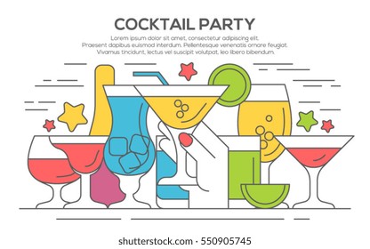 Cocktail party invitation concept template, hands of friends with alcohol drinks making toast vector illustration, thin line, flat design