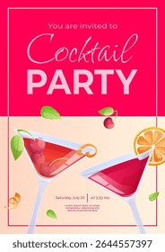Modelo de design de convite de coquetel. Coquetel cosmopolita, Manhattan, fatia laranja, cereja, casca. O conceito de festa, feriado, aniversário. Ilustração vetorial em formato A4