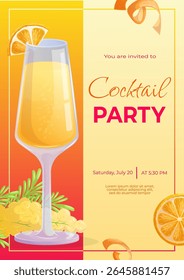 Cocktail party invitation design template . Mimosa cocktail in a glass, orange slice, peel. The concept of a party, holiday, birthday. Vector illustration in A4 format