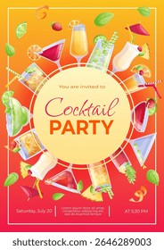 Modelo de design de convite de coquetel. Coquetel mojito, nascer do sol de tequila, moda antiga, Manhattan, pina colada, margarita, mai tai, cosmopolitan. Ilustração vetorial em formato A4