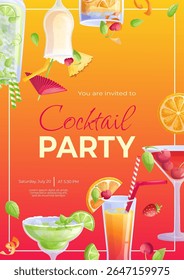 Modelo de design de convite de coquetel. Coquetel de mojito, nascer do sol de tequila, moda antiga, Manhattan, pina colada, margarita. O conceito de festa, feriado, aniversário. Ilustração vetorial em formato A4