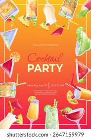 Modelo de design de convite de coquetel. Coquetel mojito, nascer do sol de tequila, moda antiga, Manhattan, pina colada, margarita, mai tai, cosmopolitan. Ilustração vetorial em formato A4