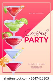 Modelo de design de convite de coquetel. Coquetel cosmopolita, Manhattan, margarita, daiquiri, fatia laranja, limão. O conceito de festa, feriado, aniversário. Ilustração vetorial em formato A4