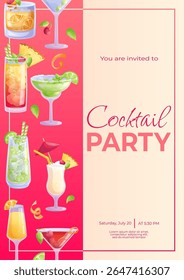 Modelo de design de convite de coquetel. Coquetel Mojito, mimosa, moda antiga, margarita, Manhattan, martini seco, mai tai. O conceito de festa, feriado, aniversário. Ilustração vetorial em formato A4