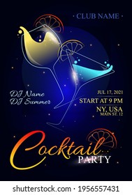 Cocktail Party invitation. Flyer or poster design with cocktail glass on dark blue background. Vector illustration