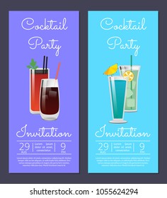 Cocktail party invitation poster with bloody mary, whiskey or vodka cola, blue lagoon and mojito beverages in glasses vector date and time info