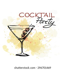 Cocktail Party Invitation Poster. Hand drawn illustration of cocktail. Vector illustration. Cocktails menu. Suitable for poster, promotional flyer, invitation, banner or magazine cover.