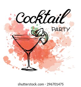 Cocktail Party Invitation Poster. Hand drawn illustration of cocktail. Vector illustration. Cocktails menu.