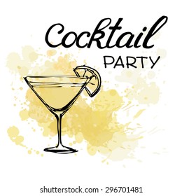 Cocktail Party Invitation Poster. Hand drawn illustration of cocktail. Vector illustration. Cocktails menu.