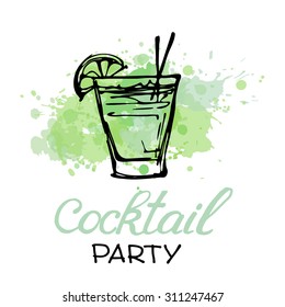 Cocktail Party Invitation Poster. Hand drawn illustration of cocktail. Vector illustration. Cocktails menu. Suitable for poster, promotional flyer, invitation, banner or magazine cover.