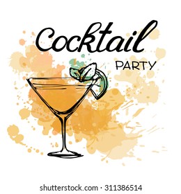 Cocktail Party Invitation Poster. Hand drawn illustration of cocktail. Vector illustration. Cocktails menu. Suitable for poster, promotional flyer, invitation, banner or magazine cover.