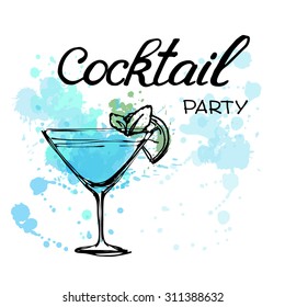 Cocktail Party Invitation Poster. Hand drawn illustration of cocktail. Vector illustration. Cocktails menu. Suitable for poster, promotional flyer, invitation, banner or magazine cover.