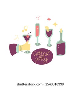 Cocktail party invitation poster. It's time to celebrate! Cartoon hand-drawn illustration.