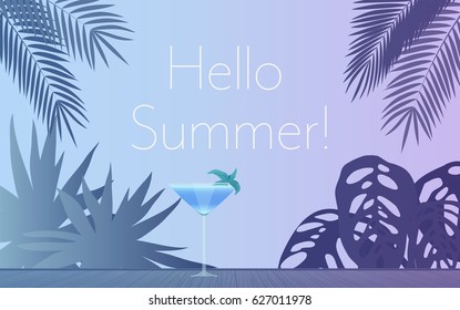 Cocktail Party Invitation Poster. Vector illustration of glass of alcohol cocktail in evening and palm leaves with Hello summer text.