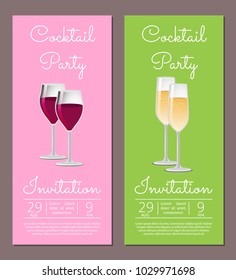 Cocktail party invitation posters set red and white wine in glasses, mentioned date and time of visit, champagne in glassware on long stem vector info