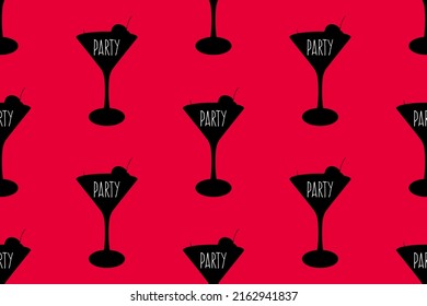 Cocktail Party Invitation Seamless Pattern Wallpaper With Black Silhouette Glasses On Vibrant Red Background. Simple Flat Design Template For Your Decor,prints,flyers,covers,arts. 