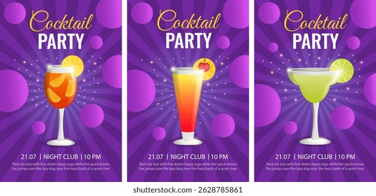 Cocktail Party Invitation Set. Flyer or Poster Design Template with Cocktail Glass and Text.