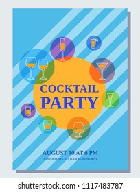 Cocktail party invitation template. Flayer, poster design. Vector. Card with cocktail glass. Outline beverages, glasses. 