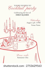Cocktail party invitation template, hand drawn festive table with tiered cake, candelabra, champagne and figs, romantic red line art on cream, editable wedding event card