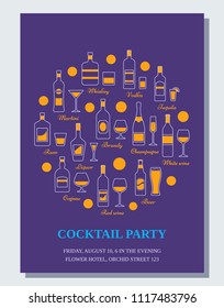 Cocktail party invitation template. Vector. Flayer, poster, card design with outline icons bottles, glasses. Alcohol beverages in line art style. 