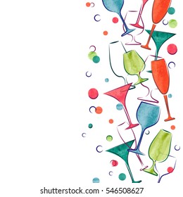 Cocktail party invitation or wine card design. Vector border with colorful  watercolor cocktail glasses.