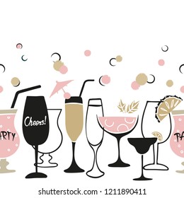 Cocktail party invitation or wine menu design. Vector border with doodle cocktail glasses.