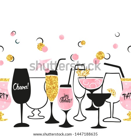 Cocktail party invitation or wine menu design. Vector border with cocktail glasses.